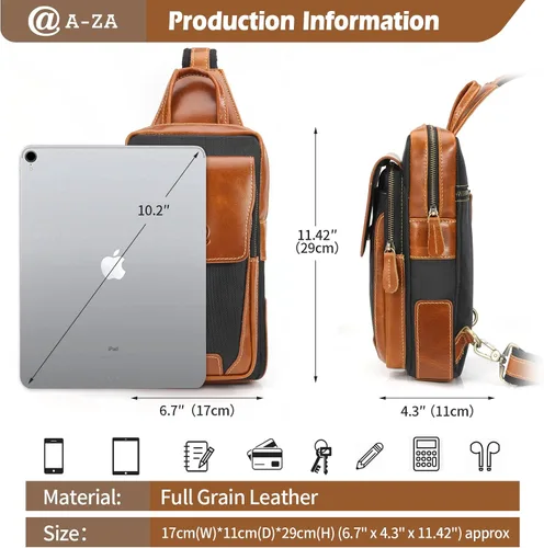 Miniatura 7 de Bolso bandolera de cuero genuino para hombre, mochila cruzada de cuero de grano completo para hombre, riñoneras, bolsa de pecho