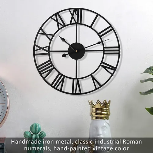 Miniatura 3 de Reloj de pared de metal industrial europeo grande, números romanos retro, movimiento de cuarzo silencioso para sala de estar, cocina, decoración