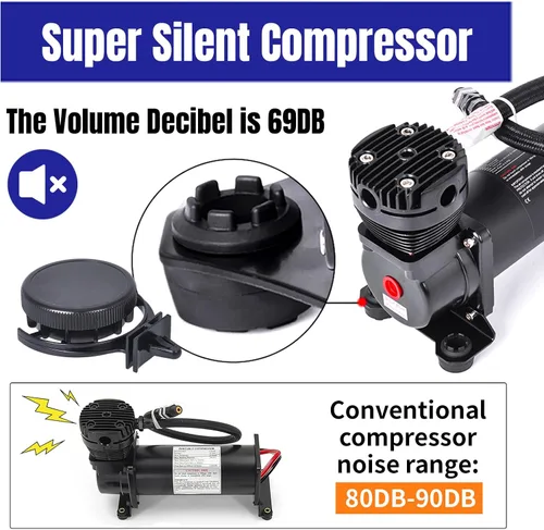 Miniatura 2 de Compresor de aire ultra silencioso, 1/4 NPT, súper silencioso, 69 dB, 12 V, compresor de suspensión de aire de 300 PSI para tren/camión/coche, negro