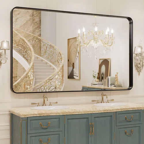 Miniatura 32 de WEER - Espejo de baño dorado, espejo de 40x32 pulgadas con marco de metal dorado cepillado, espejo de tocador de baño de oro para pared