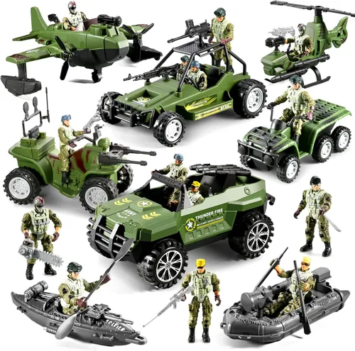 58-en-1 Juguetes del Ejército para Niños de 4-7 6-8 8-12, Camión Militar/Helicóptero/Bote Kayak/Motocicleta/Figuras de Acción de Hombres del