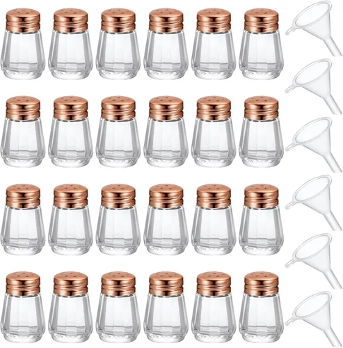Miniatura 14 de Potchen 12 piezas saleros y pimenteros mini en forma de cubo a granel de 0.5 onzas pequeños de vidrio para especias con mini embudos de plástico