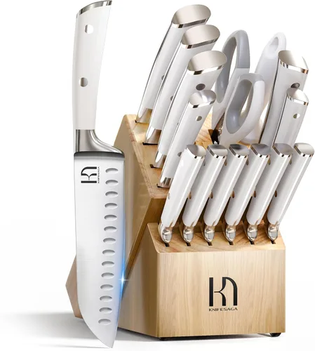 KnifeSaga Juego de Cuchillos Premium, Japonés 15 Piezas Juego de Bloque de Cuchillos de Cocina de Acero Inoxidable de Alto Carbono con Afilador,