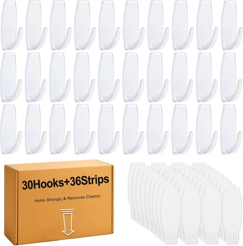 30 ganchos grandes + 36 tiras, ganchos transparentes con tiras extraíbles sin daños, ganchos de pared resistentes para colgar decoración del hogar,