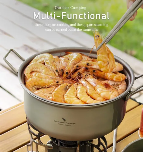 Miniatura 8 de iBasingo Juego de olla de vapor de titanio de 1.8 L y sartén para freír olla ultraligera portátil para acampar al aire libre mochilero cocina hogar