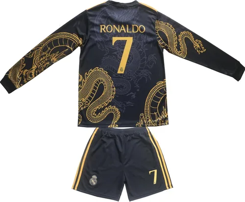 Madrid Ronaldo #7 Special Gold Black Dragon Edition - Conjunto de pantalones cortos de fútbol de manga larga para niños, tallas juveniles