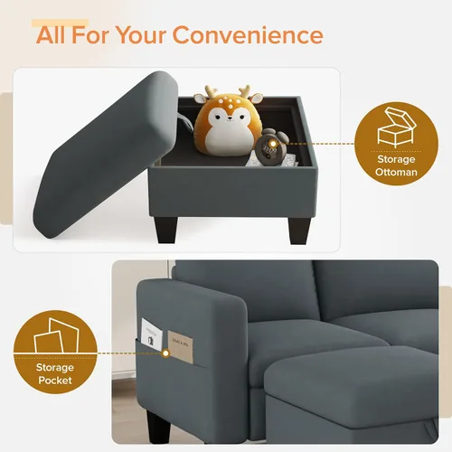 Miniatura 7 de ZeeFu Sofá modular convertible, sofá clásico en forma de L de 3 asientos con otomana móvil, moderno sofá seccional tapizado de tela de terciopelo