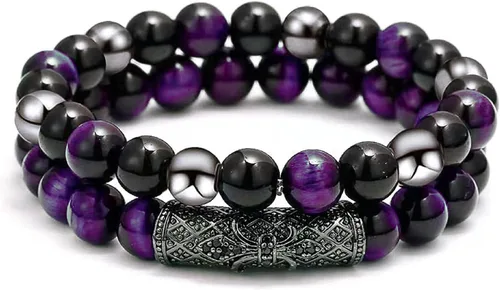 2Pcs Triple Protection Bracelet,Natural Tigers Eye Black Obsidian and Hematite 8 MM Beads Bracelet for Men Women Gift, Healing Crystal Bracelet