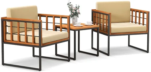 Tangkula Juego de sillas de patio de 3 piezas, juego de sofá de madera de acacia para exteriores con soporte de metal, asiento suave y cojines de