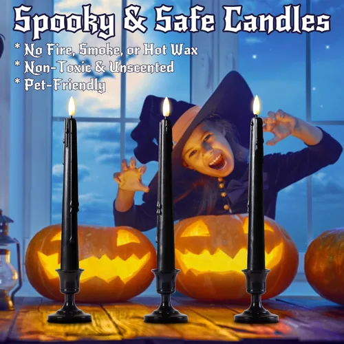 Miniatura 7 de Stmarry - Velas cónicas sin llama negras con control remoto y temporizador - Velas LED de cera real de 9.65 pulgadas - Velas cónicas de cera