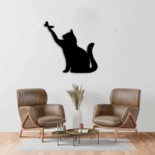 Miniatura 7 de JILIP Letrero de arte de silueta de gato de metal, escultura de pared colgante negra, placa de decoración de pared de animales de metal, decoración