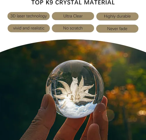 Miniatura 4 de HDCRYSTALGIFTS Bola de cristal 3D con soporte - 60 mm Escultura de zorro de nueve colas tallada con láser de vidrio Esfera completa artística Bola