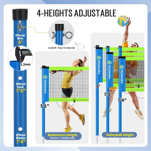 Miniatura 2 de Outdoor Volleyball & Badminton Combo Net Set for Backyard, Beach with 2 Nets, Adjustable Poles, 4 Aluminum Rackets, PU Volleyball, Portable Carry