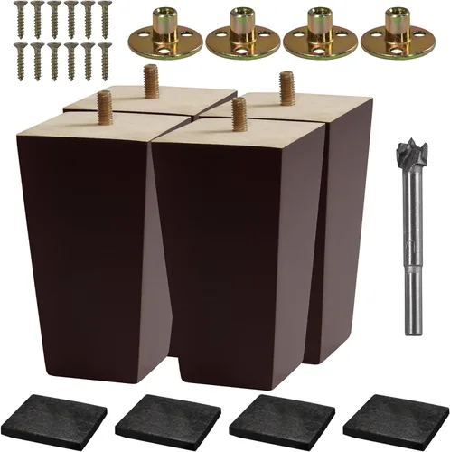 Miniatura 12 de Juego de 4 patas de madera para muebles (incluye broca) - Patas cuadradas para sofá, pierna de sofá - Patas de repuesto marrones de mediados