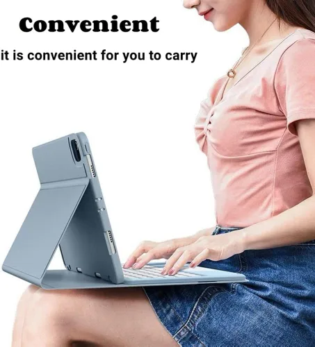 Miniatura 5 de Funda de teclado para iPad 10.2 para 9/iPad 8/iPad 7 (2021/2020/2019) Touchpad desmontable con soporte para lápices, funda inteligente de cuero Azul