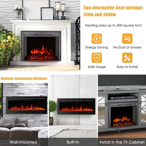 Miniatura 9 de CharaVector Chimenea Eléctrica Empotrable de 60 pulgadas 750W/1500W con Control Remoto de Montaje en Pared, Calentador de Chimenea Empotrable LED