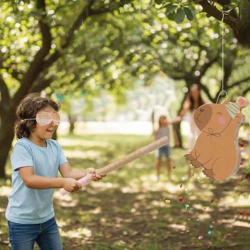 Miniatura 6 de Aoriher Capybara Piñata con palo vendados y confeti, decoraciones de fiesta de cumpleaños para fiestas temáticas de animales, juguetes