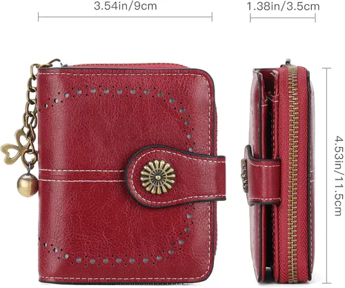 Miniatura 3 de Cartera pequeña para mujer, de piel, plegable, compacta, con bloqueo RFID, con bolsillo con cremallera para monedas, A01 Rojo Vino, Classic