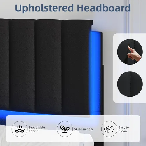 Miniatura 4 de REVOMINCA Base de cama tapizada individual con luces LED, plataforma de piel sintética con cabecera y soporte de listones de madera, no necesita