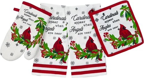 Juego de soporte para ollas de cocina de invierno navideño: pájaros cardenales rojos sobre acebo verde y bayas rojas en 100% algodón (2) dos piezas