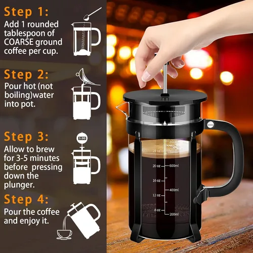 Miniatura 5 de YMMIND - Cafetera de prensa francesa de acero inoxidable 304, con sistema de filtración de 4 filtros, vidrio de borosilicato grueso resistente al