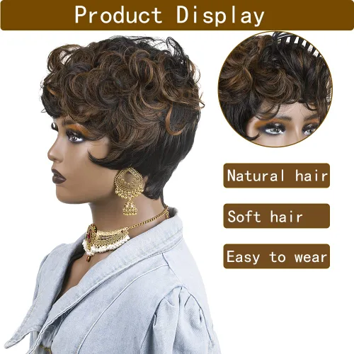Miniatura 5 de Pelucas cortas de corte Pixie para mujeres negras, pelucas de corte Pixie con flequillo, negro mezclado con marrón, pelucas rizadas cortas