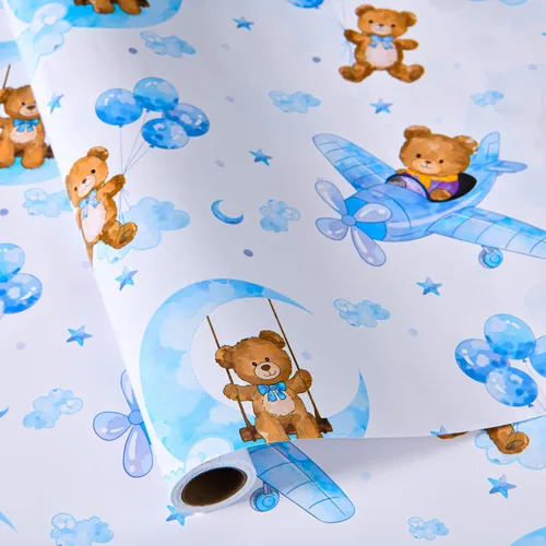 Sikiweiter Papel de Regalo para Baby Shower – 17 pulgadas x 16.4 pies – Rollo de Papel de Regalo con Oso de Peluche para Regalos de Baby Shower de