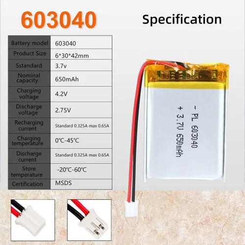 Miniatura 4 de 3.7V 650mAh 603040 Lipo batería recargable de iones de polímero de litio con conector PH2.0.000 in JST