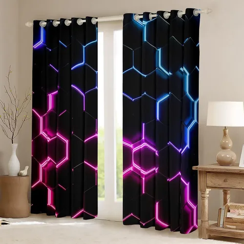 Miniatura 65 de Feelyou - Cortinas de ventana en forma de panal, tema geométrico hexagonal con luces de neón verdes, para chicos adolescentes y hombres, elegante