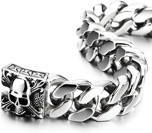 Miniatura 5 de COOLSTEELANDBEYOND Pulsera de cadena de acero cepillado vintage grande para hombre con flor de lis y calavera