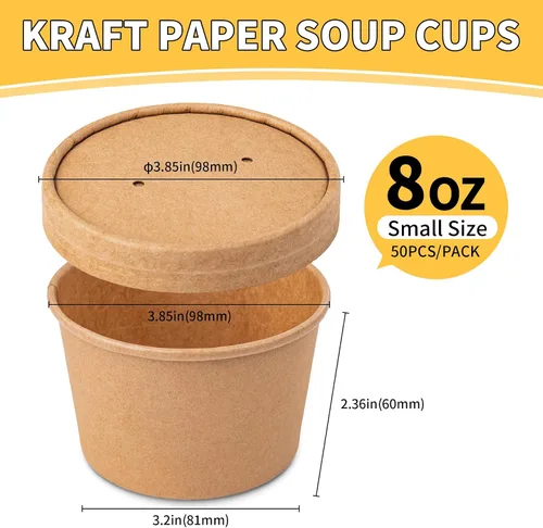 Miniatura 3 de PakTalk Recipientes de papel para sopa con tapas, paquete de 50 cuencos de sopa marrones, tazas biodegradables para helado con tapas para sopa