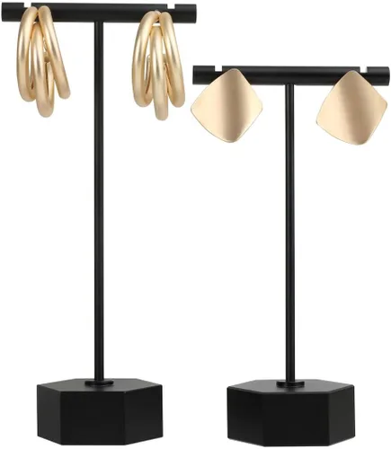 GemeShou Soporte en T de metal negro, 2 piezas para exhibición de aretes, barra en T, soporte de joyería para fotografía minorista. Base hexagonal