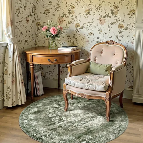 Miniatura 152 de Jinchan Fiora - Alfombra redonda de 8 pies, alfombras vintage con diseño floral envejecido, lavable a máquina, antideslizante, de pelo bajo, Azul