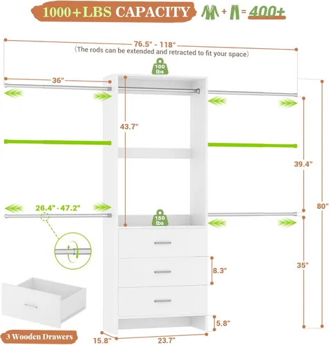 Miniatura 7 de Aheaplus Sistema de Armario, Organizador de Armario con 3 Cajones de Madera, Sistema Organizador de Armario, Armario Walk-in con Perchero para Ropa