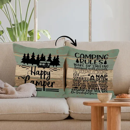 Miniatura 5 de Funda de almohada reversible con tablero de madera rústica Happy Camper, regalos para mujeres y hombres, funda de almohada con reglas de campamento