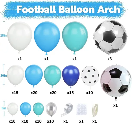 Miniatura 2 de Kit de arco de globos de fútbol con globos de papel de aluminio de fútbol 4D, globos de látex azul real, blanco, plateado metálico para baby shower