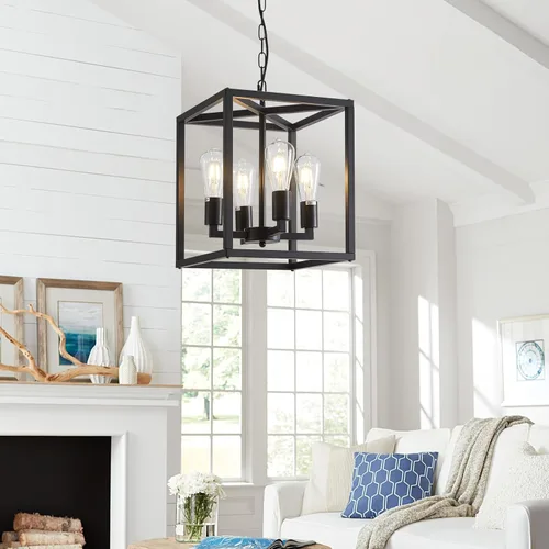Miniatura 8 de Lanhall Candelabro de Casa de Campo de 4 Luces, Iluminación Colgante Industrial Rústica, Jaula Metálica de Altura Ajustable E26, Luces Colgantes
