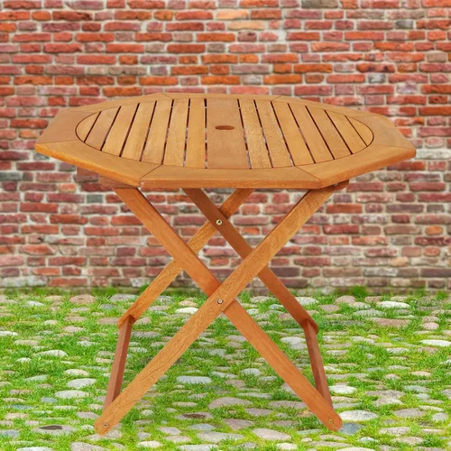 Miniatura 7 de Sunnydaze Meranti - Mesa plegable de madera para exteriores con agujero para sombrilla - Mesa de patio plegable para comedor y reuniones - Acabado