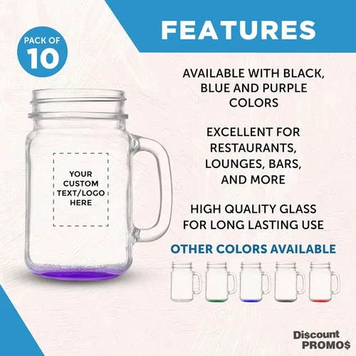 Miniatura 2 de DISCOUNT PROMOS Tarros Mason personalizados con asas de 16 onzas, juego de 10, paquete personalizado a granel, estilo tradicional, alto estándar
