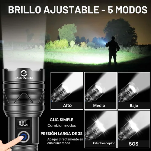 Miniatura 5 de Linternas recargables de 10000 lúmenes altos, largo alcance, 5000 pies, linterna LED súper brillante USB C, alta potencia, multifuncional