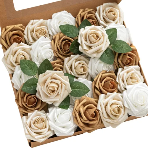 Ling's moment Flores Artificiales 25 Piezas Rosas Doradas Decorativas con Tallos, 3 pulgadas de Tacto Real DIY Espuma Floral para Ramo de Wht- Oro y