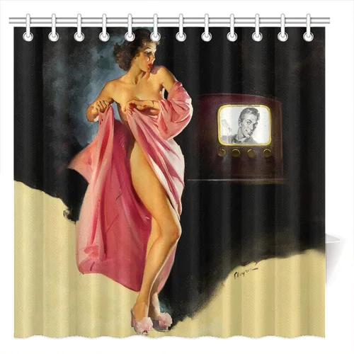 Miniatura 11 de FUNNY KIDS' HOME Cortinas de ducha retro con pin up para baño, pintura al óleo, arte de lienzo, decoración de baño, sexy dama bañándose