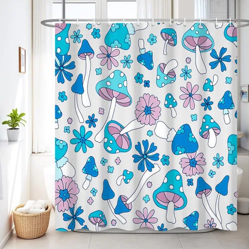 Miniatura 9 de Renaiss Juego de cortinas de ducha de 60 x 72 pulgadas, diseño de hongos bohemios, retro de los años 70, flores naranjas florales, divertidas