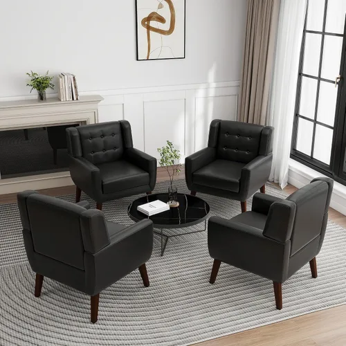 Miniatura 14 de Silla decorativa de piel sintética, moderna silla tapizada para sala de estar, cómodos asientos individuales con botones, asiento de lectura Negro