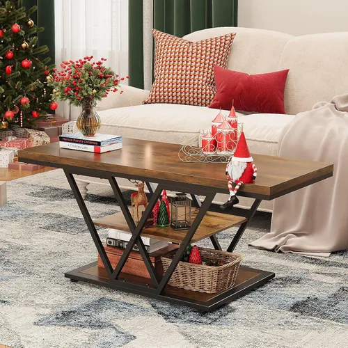 Miniatura 7 de Espelism Mesa de centro industrial con almacenamiento de 3 niveles para sala de estar, mesa rectangular de madera para cóctel, mesa de té rústica