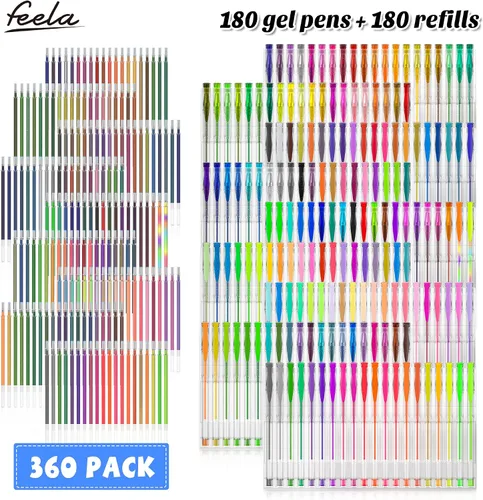 Miniatura 2 de Feela - Juego de plumas de gel de 360 colores, 180 plumas de gel y 180 recambios para libros de colorear para adultos