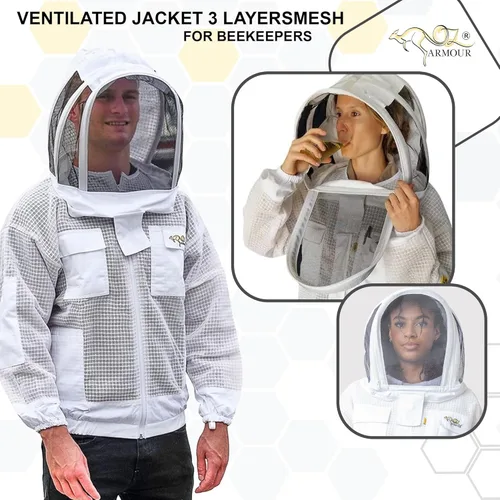 Miniatura 7 de Chaqueta ventilada de apicultura ultra fresca de 3 capas de malla con 2 capuchas de esgrima y sombrero de ala redonda, Blanco