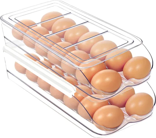 Miniatura 9 de MesRosa Soporte para huevos para nevera, organizador automático de huevos enrollable para refrigerador, contenedor y bandeja de huevos de plástico