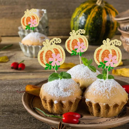 Miniatura 5 de 24 adornos de calabaza para cupcakes con purpurina para otoño, hojas, flores, calabaza, cupcakes, decoración de pasteles para Halloween, decoración