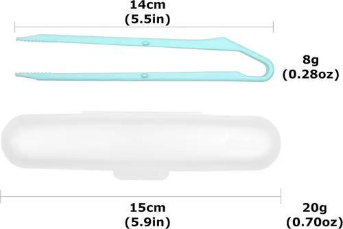 Miniatura 5 de Seki Japan Chip Tong, 5.5 pulgadas, mini pinza para alimentos, cuerpo de plástico azul claro, puntas dentadas con estuche para papas fritas, dulces